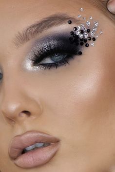 Bedazzle Makeup Looks, Dark Angel Eye Makeup, Birthday Makeup With Rhinestones, Smokey Eye With Rhinestones, Makeup With Stones, Eyeshadow Looks With Rhinestones, Black Rhinestone Makeup, Eye Makeup Concert, Dark Angel Makeup