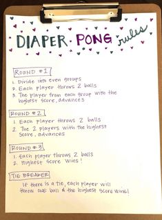 a clipboard with writing on it that says diaper pong rules written in purple ink