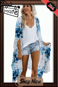 Blue Floral Kimono Sleeves Chiffon Loose Beach Cover Up Kimono Beach Cover Up, Chiffon Cover Up, Kimono Outfit, Global Dress, Chiffon Kimono, Kimono Sleeves, White Chiffon, Floral Kimono, Floral White