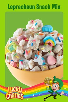 lucky charms leprechaun snack mix in a yellow bowl on a green background