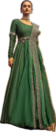 Square Neck Anarkali, Ridhima Bhasin, Green Anarkali, Silk Anarkali, Indian Gowns, Luxury Sale, Gathered Sleeves, Lace Border, Green Silk