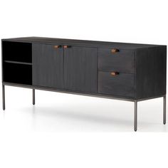 the sideboard with two drawers is shown in black and brown wood, while one drawer has