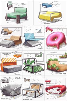 various types of furniture are shown in this drawing