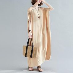 Buddhatrends light khaki / One Size Diana Solid Kaftan Casual V-neck Free Size Dress, Casual V-neck One Size Fits All Dress, Casual Free Size V-neck Maxi Dress, Casual Beige Tunic Maxi Dress, Deep Dress, Maxi Kaftan, Short Sleeve Pattern, Caftan Dress, Straight Skirt