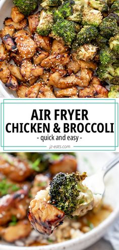 air fryer chicken and broccoli on a fork and in a bowl Healthy Air Fryer Stir Fry, Easy Healthy Lunches Low Carb, Air Fried Chicken And Vegetables, Large Healthy Meals Families, Healthy Dinners For High Cholesterol, Air Fryer Chicken Rice Bowl, Air Fry Dinner Recipes For Family, Air Fryer Meat And Veggies, Chicken And Broccoli Diet