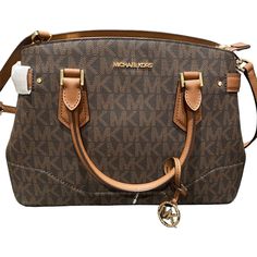 Michael Kors Lynn Brown Logo Monogram Large Satchel Crossbody Bag Brown Monogram Canvas Shoulder Bag With Logo, Crossbody Bags In Monogram Canvas With Logo, Monogram Canvas Crossbody Satchel With Branded Hardware, Brown Double Handle Shoulder Bag With Logo, Monogram Canvas Satchel With Logo, Classic Brown Michael Kors Satchel, Monogram Canvas Satchel Shoulder Bag With Logo, Beige Monogram Canvas Bag With Logo, Brown Monogram Canvas Crossbody Satchel