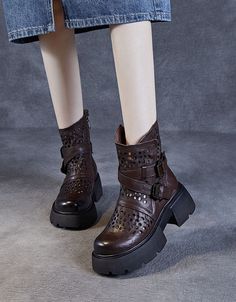 Round Toe Leather Buckles Beathable Hollow Platform Boots — Obiono Spring Leather Platform Boots With Buckle Closure, Leather High Heel Platform Boots With Rivets, Leather Platform Boots With Rivets And High Heel, Leather Platform Boots With Rivets, High Ankle Leather Platform Boots With Rivets, Leather High Ankle Platform Boots With Rivets, Leather Platform Boots With Rivets For Fall, Fall Leather Platform Boots With Rivets, Brown Platform Boots With Buckle Closure And Round Toe