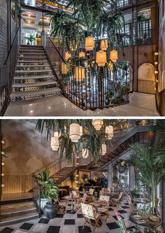 two photos of the inside and outside of a building with plants growing on it's balconies