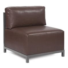 a brown leather chair sitting on top of a metal frame