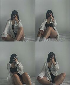 four pictures of a woman sitting on a bed talking on a cell phone and holding her hand up to her face