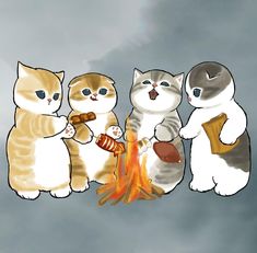 four cats sitting around a campfire and one is holding a hot dog