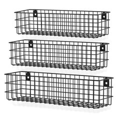 two black wire baskets with measurements for each basket, and one is shown in the same size