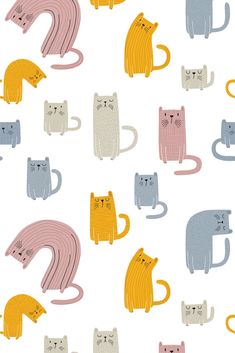 many different colored cats on a white background with pink, yellow and blue colors in the middle