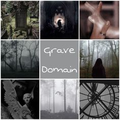 a collage of images with the words grave domain written in white and black