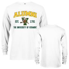 University of Vermont Alumni Script Text Long Sleeve T-Shirt Cheer on your Alma Mater, the Vermont Catamounts with this Alumni T-shirt! No matter where you go after you graduate, you can wear this simple yet stylish Vermont Catamounts Alumni shirt with pride! Officially Licensed Product High quality classic arch front print Alumni t-shirt High quality printed graphics featuring the University of Vermont Wordmark 100% Pre-Shrunk Cotton Rib-knit collar Script Text, Alma Mater, Heather White, Charcoal Color, Heather Black, Black Charcoal, Vermont, Rib Knit, Long Sleeve Tshirt