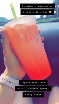 a person holding a drink in their hand with the caption, strawberry watermelon zinger with cream ingredients red but flavored syrup heavy cream