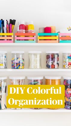 the diy colorful organization bins are organized with craft supplies and scissors on shelves