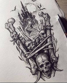 a drawing of a castle with skulls and bones on it's face, in front of a pen