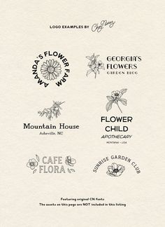 the logos for flowers are drawn in black and white, with different font styles on them