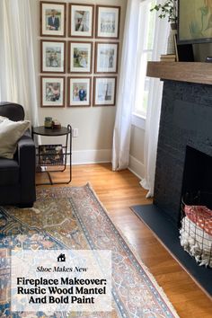 a living room with a fireplace and pictures on the wall above it, along with a blue rug