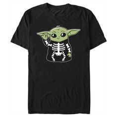 This spooky season when your Mandalorian armor is at the cleaners, give this officially licensed Star Wars: The Mandalorian Halloween Grogu Skeleton Costume Men's T-Shirt a try instead! Take up the reins as a Mandalorian gunfighter exploring the galaxy. This awesome Star Wars tee features a graphic of Grogu, the cute green baby alien dressed up in a skeleton costume across the front. Celebrate the Star Wars-inspired television series, The Mandalorian with this fun tee today! Black Fandom T-shirt For Halloween, Black T-shirt For Halloween And Fan Conventions, Halloween Fandom Tops For Fan Merchandise, Halloween Fandom Fan Merchandise Tops, Black T-shirt For Halloween Fan Conventions, Star Wars Tee, Mandalorian Armor, Skeleton Costume, Star Wars Tees