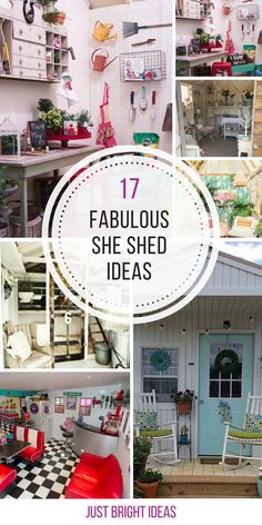 the collage shows different types of furniture and decor in various rooms, including a shed with