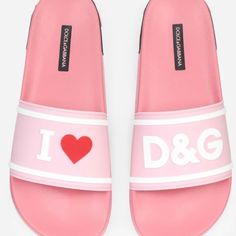 Bnwt D&G Poolslide In Pink Color Size 8 Pink Flat Slides With Rubber Sole, Spring Luxury Pink Slides, Pink Slip-on Slides With Rubber Sole, Designer Pink Slides For Spring, Designer Slip-on Slides For Spring, Embroidered Slippers, White Slides, Dolce Gabbana Shoes, Black Slides