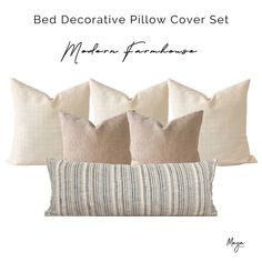 three pillows and one pillow cover set with text that reads bed decorative pillow cover set neutral + rusty