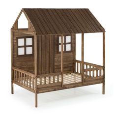 a wooden doll house with a bed underneath it