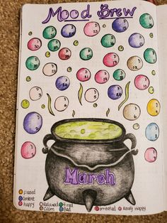 a coloring book with an image of a pot full of liquid and bubbles coming out of it