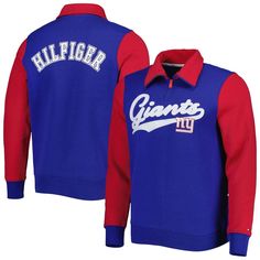 The Tommy Hilfiger Royal/Red New York Giants Aiden Quarter-Zip Sweatshirt is a must-have for any true New York Giants fan. This midweight sweatshirt features a cozy fleece lining, perfect for keeping you warm on chilly game days. The embroidered New York Giants logo and screen print graphics on the back proudly display your team spirit. Whether you're cheering from the stands or simply showing your support, this sweatshirt is the perfect way to represent the New York Giants in style. Machine was Tommy Hilfiger Long Sleeve Streetwear Tops, Tommy Hilfiger Cotton College Tops, Sporty Half-zip Tops For College, Tommy Hilfiger Long Sleeve Sweatshirt For Streetwear, Tommy Hilfiger Streetwear Sweatshirt, College Fall Half-zip Tops, College Half-zip Tops For Fall, Half-zip Top For College In Fall, Half-zip Fall Tops For College