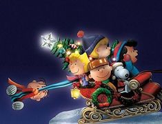 peanuts on sleigh with christmas tree and stars in the sky above it, surrounded by other characters