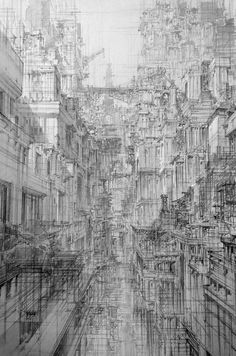 a black and white drawing of a city street with buildings on both sides, looking down at the ground