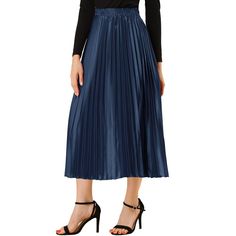 Accordion pleats enhance the dimension and movement of this midi skirt, while the metallic design underscores its sleek style. It's pleated all around for this trending midi skirt. Feel free to pair it with black block-heel sandals. Whether you're dressing up or down, this skirt is perfect for any occasion. A casual and simple style, never out of fashion, is a must-have item in your wardrobe. This fashionable and trendy clothes for women can not only be worn daily, but can also be easily matched True Summer Outfits, Black Block Heel Sandals, Metallic Pleated Skirt, Vtuber Model, Accordion Pleats, Metallic Design, Midi Flare Skirt, Black Block Heels, Metallic Skirt