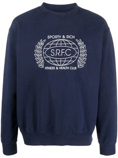 navy blue cotton jersey fleece logo print to the front ribbed trim long sleeves crew neck When buying this unisex item, keep in mind that it is graded in standard men's sizing. Rich Clothes, Sporty And Rich, Blue Sweaters, Logo Print, Size Clothing, Printed Cotton, Fashion Branding, Knitwear, Navy Blue