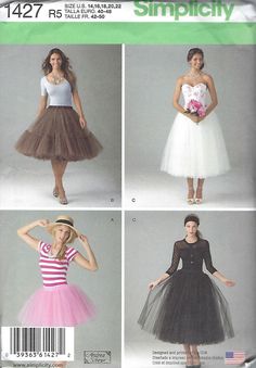 four different styles of women's dresses and skirts in various sizes, from the front to the back