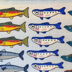 the fish are painted on fabric with different colors