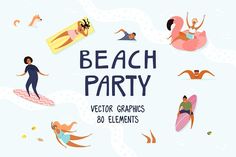 beach party with people on the water and inflatables, sunbathers, surfboards