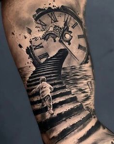 a man's arm with a clock and stairs tattoo on it