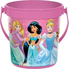 a pink plastic bucket with princesses on it