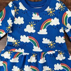 Hanna Andersson Dress Blue, Rainbow Print Long Sleeves Ribbed Neck & Cuffs 96% Organic Combed Cotton, 4% Spandex Size 6-12 Months (70cm) New! With Tags Retails For $44.00 Playful Long Sleeve Blue Dresses, Pleated Tulle Dress, Matching Family Pajamas Hanna Andersson, Pooh Dress, Playful Multicolor Cartoon Print Sleepwear, Plaid Flannel Dress, Long Sleeve Multicolor Sleepwear With Character Print, Hanna Andersson Pajamas, Flannel Dress