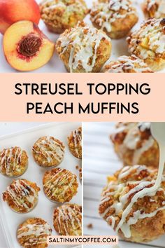 some peach muffins are being drizzled with icing and sitting on a plate