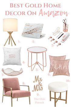 the best gold home decor on amazon in pink, white and gold with text overlay