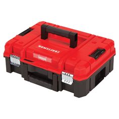 a red and black tool box on a white background