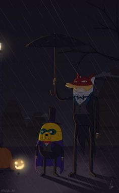 a cartoon character holding an umbrella next to another character in the rain with a flashlight