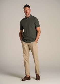 About Our Men’s Tall Polo Shirt There’s nothing more classic than a tall polo shirt and this one was made for your height. Every guy needs a timeless polo in his closet, a shirt he can throw on when he needs something a little fancier than a tee but not as dressy as a button-down. We know how hard it is to find quality tall men’s tees that fit your long frame, which is why we made this polo with your proportions in mind. It has an extra-long length that will end at the hip, short sleeves that ha Male Business Casual Outfits Summer, Khaki And Polo Outfit Men, Men Fashion Basics, Mens Outfits Work, Men Business Casual Summer, Men Teacher Outfits High School, Men’s Date Night Style, Olive Green Shirt Outfit Men, Basic Solid Polo Shirt With Relaxed Fit