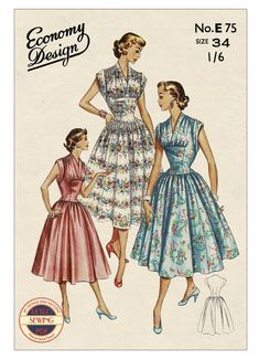 A 1950s Dress with a panel in the front and surplus style bodice at the top. Sleeveless with added  winged cuffs, and a lower waistline. Fastens at  the left side with a zip or placket. The pattern is in Bust 34 ins. Waist 28 ins. Suggested fabrics: Silks, Rayon, Cotton, Nylon The Pattern comes with Step by Step Instructions  and a Helpful Sewing Guide Quite an easy make The PDF Multi-page pattern and Instructions are  easy to download and print PLEASE NOTE: When printing the multi-page  pattern Vintage Midi Dress With Fitted Bodice, Retro Tea-length Dresses For Vintage Events, Vintage Dress For Retro-themed Events, Retro Vintage Dress For Retro-themed Events, 1950s Vintage Pattern Dress For Vintage Fashion, Retro A-line Vintage Dress With Vintage Print, Retro Vintage Dress With Fitted Bodice, Tea Length, Lined Vintage Dress In Retro Style, Lined Retro Vintage Dress For Vintage Fashion