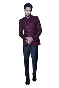 Maroon textured bandhgala in self-on-self thread work base and sequin embroidery with gold buttons. Comes with pant. - Aza Fashions Radhika Madan, Genelia D'souza, Rhea Kapoor, Mira Rajput, Sanya Malhotra, Rohit Bal, Sara Ali Khan, Sequin Embroidery, Jacqueline Fernandez