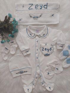 Personalized newborn baby coming home outfit  with a  name embroidered, with hand embroidery, special gift for spesial baby baby's first set This sweet monogrammed footie is perfect to bring your little one home in. Made of the softest 100% organic cotton, great for newborn photos, 1st outings, and more! Our handcrafted rococo set is the set that deserves to be remembered as the first set of our newborn children. To say about Rococo, it requires so much effort that not everyone can do it, and each needle should be treated very gently when touching the set, just as if touching the baby. The most distinctive feature of this product is that the embroideries and writing that decorate the set are completely hand-made, not machine-made. That's why it takes a little extra time to prepare orders. Fitted Cotton Sets For Gifts, Customizable Cotton Sets For Baptism, White Cotton Gift Sets, White Cotton Sets With Machine Embroidery, Embroidered Cotton Sets For Baptism, Cotton Embroidered Sets For Baptism, White Embroidered Gift Sets, Baby Coming Home Outfit, Personalized Newborn