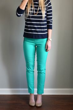 March 2016 Stitch Fix Review: Margaret M Emer Printed Straight Leg Pant |www.pearlsandsportsbras.com| Turquoise Pants, Spring Picture, Fun Clothing, Color Jeans, 10 March, Stitch Fix Outfits, Jeans Outfits, Cute Pants, Stitch Fix Stylist